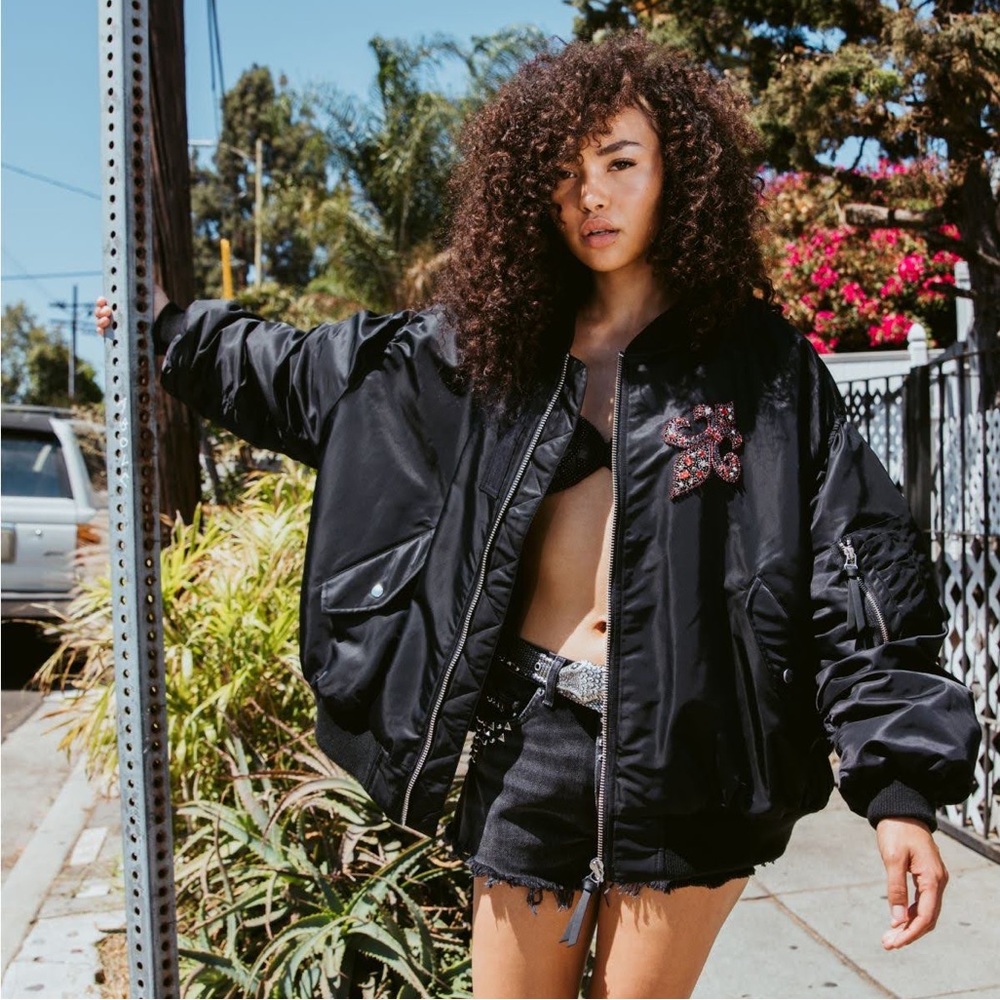 THE KOOPLES Embellished Fleur De Lis Leopard Fur Lined Bomber Jacket in Black